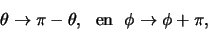 \begin{displaymath}
\theta \rightarrow \pi - \theta, {\rm en} \phi \rightarrow \phi + \pi,
\end{displaymath}