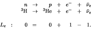 \begin{displaymath}
\begin{array}{lrlrlrlr}
& n & \rightarrow & p & + & e^- & ...
...& \\
L_e : & 0 & = & 0 & + & 1 & - & 1. \\
\end{array}
\end{displaymath}