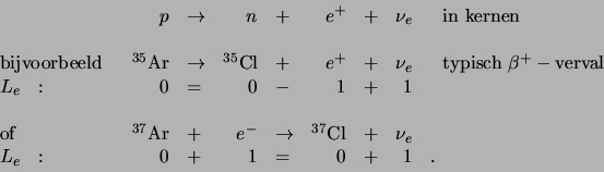 \begin{displaymath}
\begin{array}{lrlrlrlrl}
& p & \rightarrow & n & + & e^+ &...
...\
L_e : & 0 & + & 1 & = & 0 & + & 1 & . \\
\end{array}
\end{displaymath}