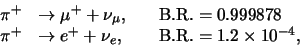 \begin{displaymath}
\begin{array}{rll}
\pi^+ & \rightarrow \mu^+ + \nu_\mu , &...
...nu_e , & {\rm B.R. = 1.2 \times 10^{-4}}, \\
\end{array}
\end{displaymath}
