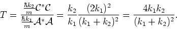 \begin{displaymath}
T = { {\hbar k_2 \over m} {\mathcal{C}}^*{\mathcal{C}} \over...
... {(2k_1)^2 \over (k_1 + k_2)^2} = {4k_1k_2 \over (k_1+k_2)^2}.
\end{displaymath}